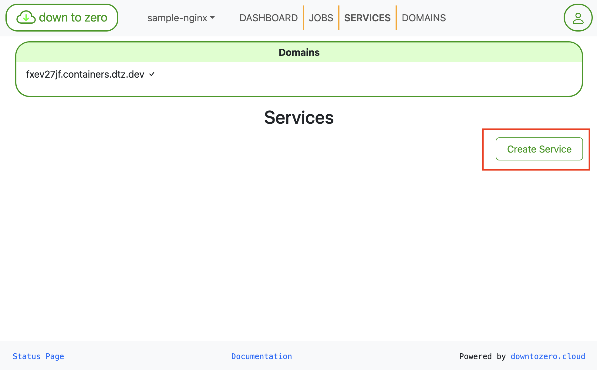highlight the create service button in the UI