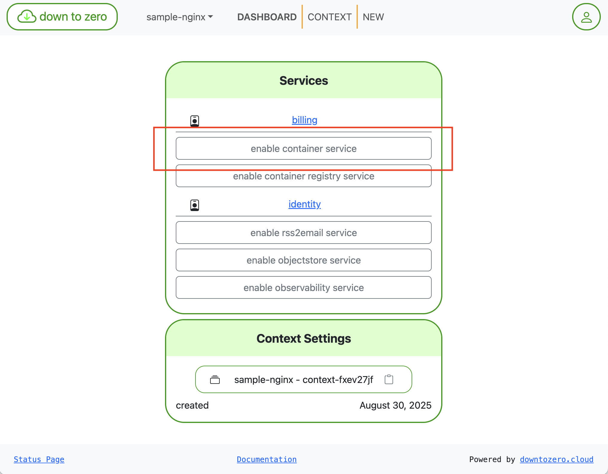 highlight the enable container service button