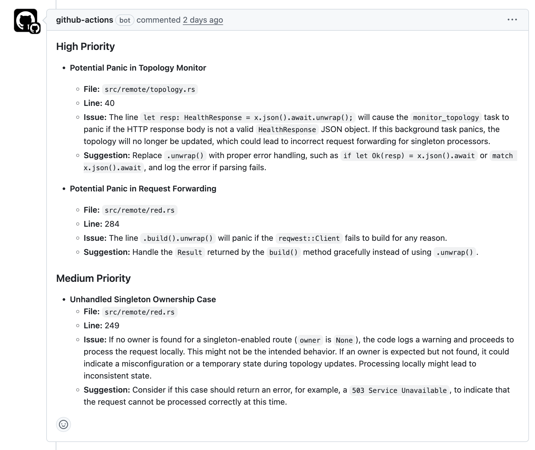 Commentaire Github Action montrant diverses erreurs